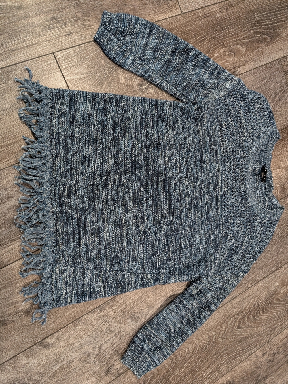 Tribal Blue Marled Fringe-Hem Crewneck Sweater